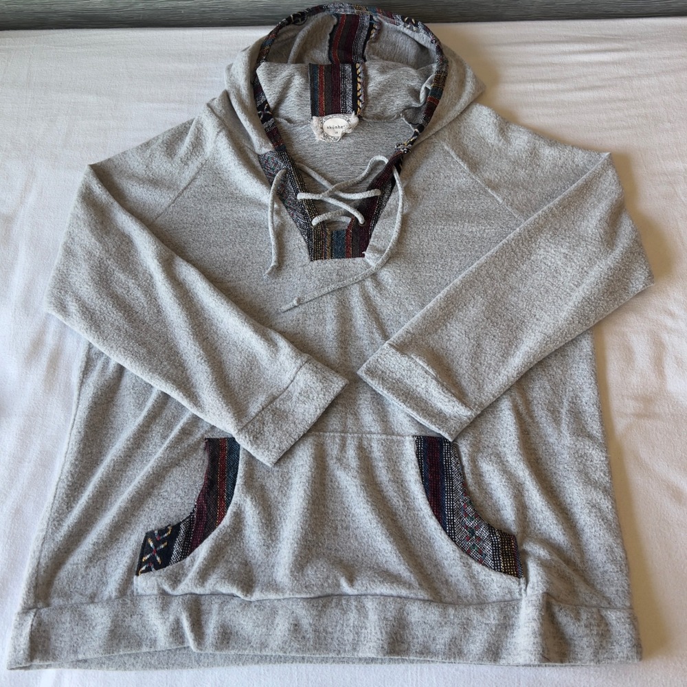 Skonhet Womens 2X Gray Southwestern Lace Up Hoodie Boho Tribal Knit Pullover